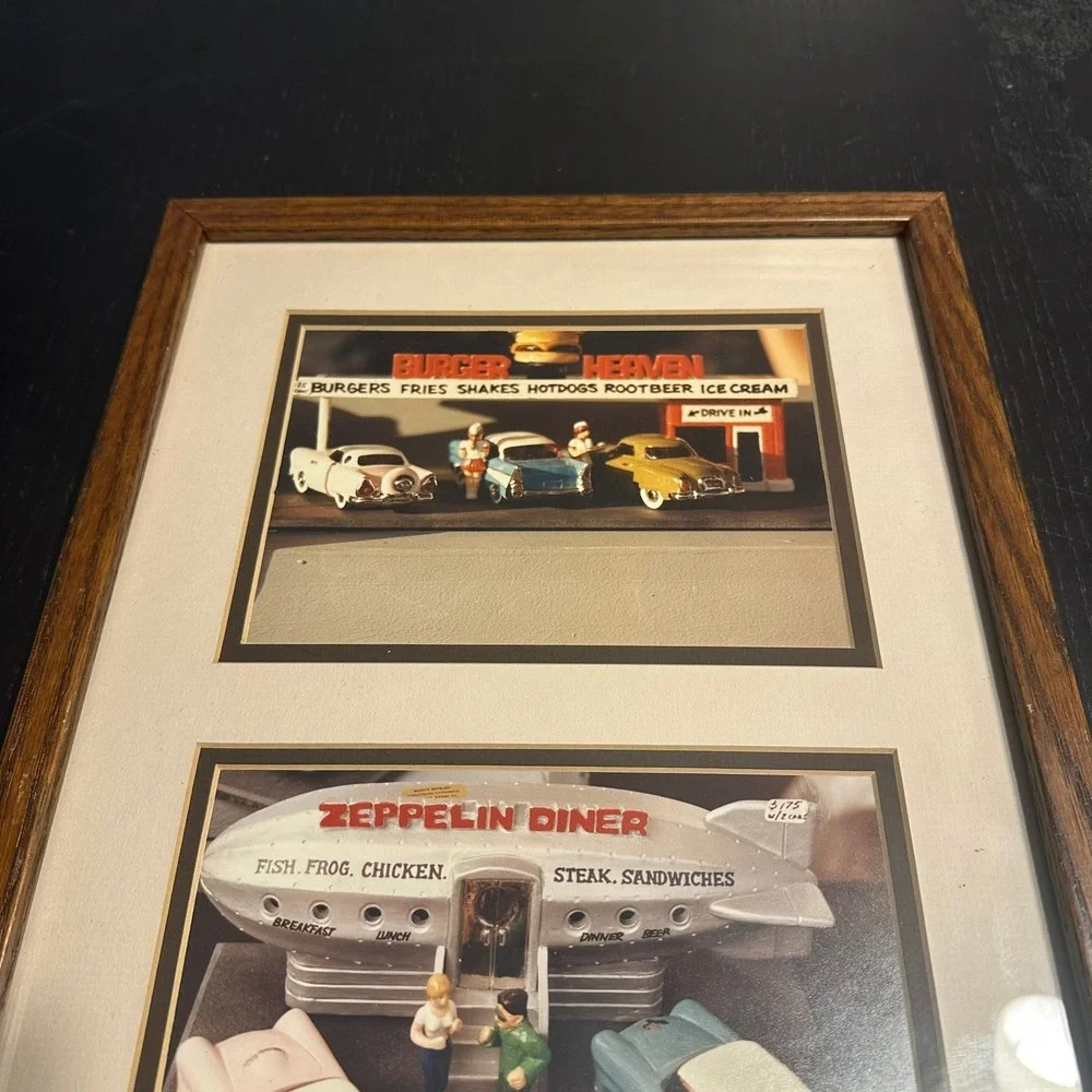 Vintage 1950s Americana Diner and Gas Station Framed Wall Art Diorama Photos